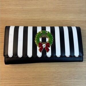 Disney Lounge Fly Black & White Striped Wallet with Holiday Wreath Skull Accent